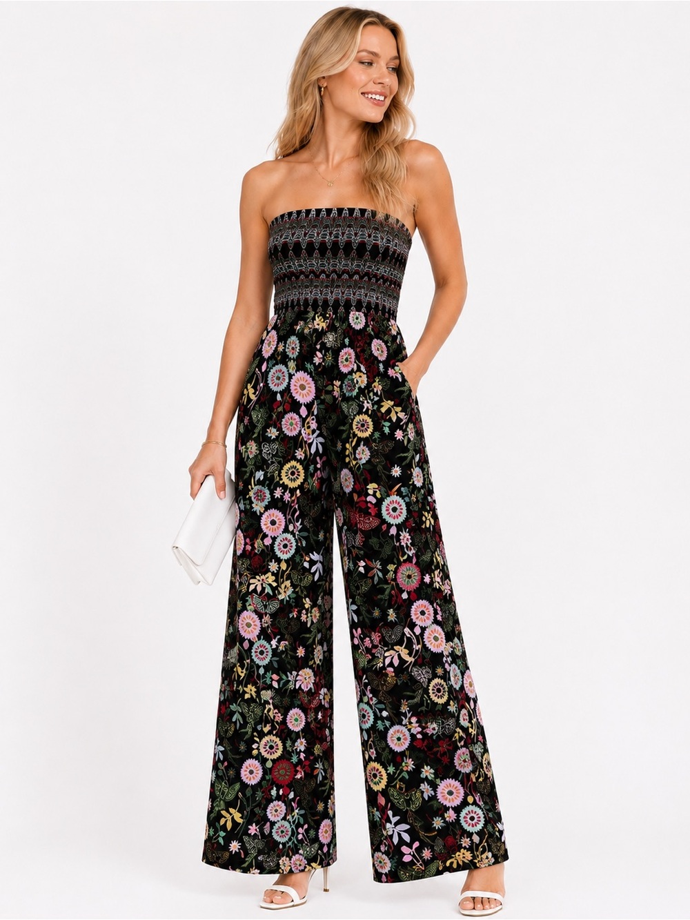 ONE SEPTEMBER Black Strapless Floral Wide-Leg Jumpsuit